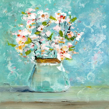 Expressive Oil Painting of Baby Blooms in White and Teal Vase - Expressive Florals - Still Life Oil Painting Square - Daily Painter - 8x8 