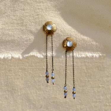 Petite Flora Earrings - Oxidized Brass, Sterling Silver + Blue Moonstone Glass