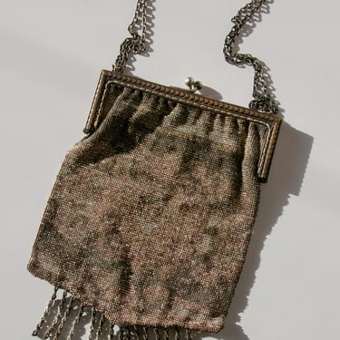 Antique Purse 1920s Beaded Fringe Clutch Bag Deco Silver 