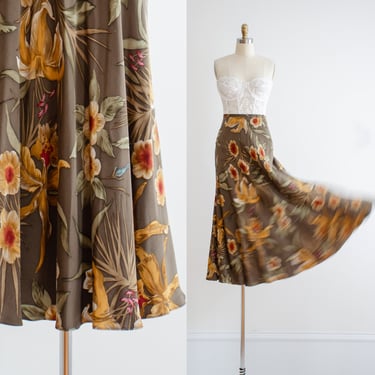 green silk skirt | 90s vintage Jones New York olive green lily hibiscus patterned maxi skirt 