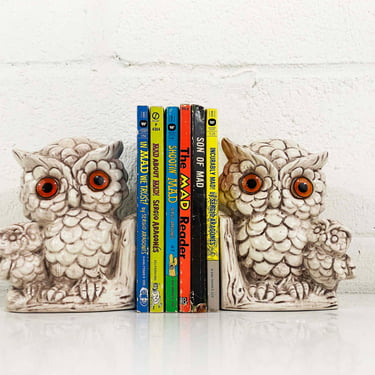 Vintage Ceramic Owl Set of Two Bookends White Mid-Century Owls Figurine Home Decor Bookcase Book Shelf Book Ends 1970s 70s Home Prop Movie 