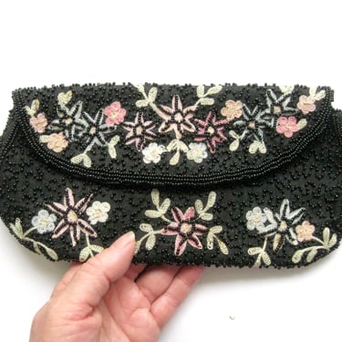 Beaded Clutch with Embroidered Flowers, Pink and Black Handbag, Mid Century Evening Bag, Evening Out Purse, Rockabilly Style Envelope Purse 