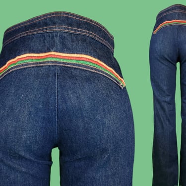 1970s vintage rainbow jeans. Roller girl aesthetic. Embroidered stitching. Dark wash. By Viceroy. (30 x 36) 