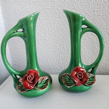 Pair of Green ceramic Floral vases Mothers Day flowers  Bud Vases Vintage home decor 