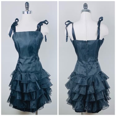 1990s Vintage Pantagis Black Dropped Waist Party Dress / 90s / Nineties Bow Tie Ruffled Skirt Mini / Size Medium 