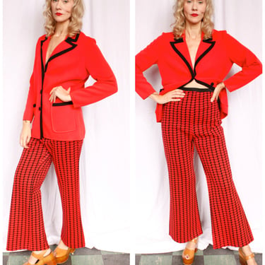 1970s Red Orange & Black Houndstooth Pant Suit - Large 