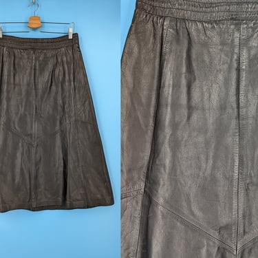 Vintage 80s Black Leather A-Line Skirt - Medium Eighties Leathers By Tibor Black Leather Knee Length Skirt - 