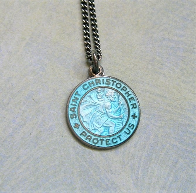 Oval Saint Christopher Blue Enamel Solid Sterling Silver Protect US Necklace 26.00x20.00 mm