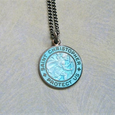 Vintage Sterling and Blue Enamel Saint Christopher Pendant, Old St. Christopher Medal (#3994) 