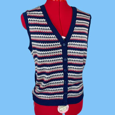 Vintage 1970s Patterned Knit Sweater Vest Preppy Indie Gift 