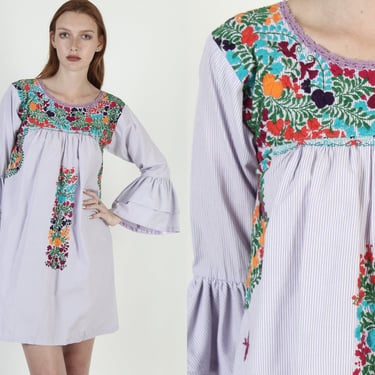 Bright Floral Oaxacan Hand Embroidered Pinstripe Mini Dress 