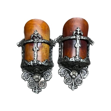 Pair of 1920s Spanish Revival Sconces With Original Finish and Bakelite Shades #2354 
