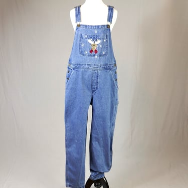 90s Christmas Overalls - Embroidered Reindeer Snowflakes - Blue Cotton Jean Carpenter Bib Overalls - Vintage 1990s - L 