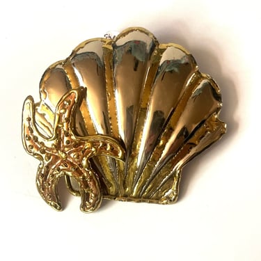 Vintage Mixed Metal Seashell Brooch, Large Shell and Starfish Pin, Vintage Ocean Jewelry, Beach Jewelry, Gold-Toned Marine Brooch, Nautical 