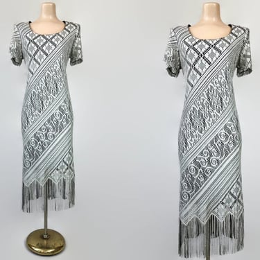 VINTAGE 80s does 20s Silver Metallic Lurex Crochet Fringe Dress Sz 12 | 1980s Gatsby Retro 1920s Flapper Dress | VFG 