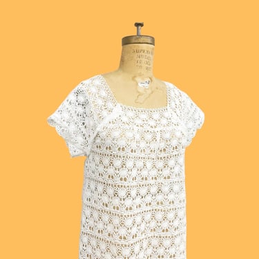 Vintage Crochet Dress Retro 1970s Handmade + White + Bohemian + Maxi Length + Festival Dress + Beach Coverup + Womens Apparel 