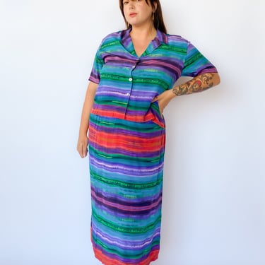 1990s Teal Striped Skirt Set, sz. L-2XL