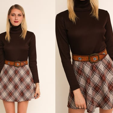 Vintage 1960s 60s Brown Checkered Long Sleeve Turtleneck Mini Dress // Twiggy Mary Quant 