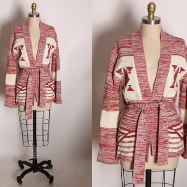 1970s Red Pink and White Long Sleeve Belted Knit Sweater Cardigan by Noodle Soup -M 
