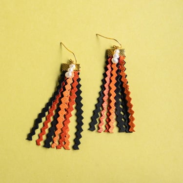 Leather RicRac Streamers in Halloween Colours - Reclaimed Leather Statement Earrings 