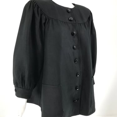 Oscar de la Renta Black Linen Button Front Full Sleeve Hip Pocket Jacket 1980s