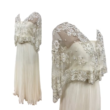 Vtg Vintage 1970s 70s Ivory Bridal Beaded Accordion Pleat Sheer Illusion Gown 