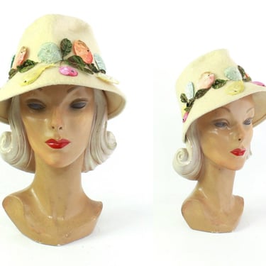 1960s Fruit Hat - 1960s Ivory White Hat - 1960s White Hat - 1960s Womens White Hat - 1960s Womens Fruit Hat - 1960s Womens Trilby Hat 