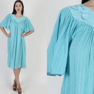 Teal Angel Sleeve Gauze Dress / Vintage 80s Kimono Grecian Mini Coverup / Lightweight Cotton Beach Outfit 