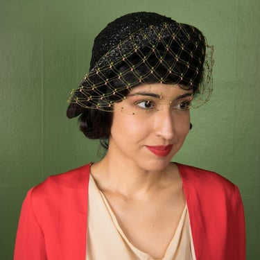 1940s Hat  - Transitional Vintage 30s Cloche in Glittering Black Cellophane Straw with Multicolored Pink and Green Veil 