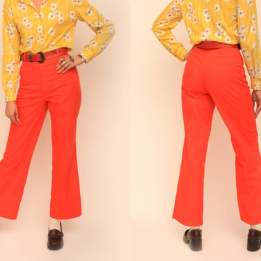 Vintage 1970s 70s Tangerine Orange High Waisted Flared Pants Trousers 