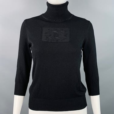 CHANEL Vintage Spring 2003 Size 8 Black Rayon Blend Jersey Logo Turtleneck Casual Top
