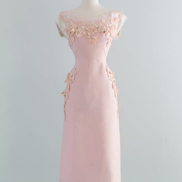 1950's Peony Pink Linen Dress With Floral Appliqué & Beading / Medium