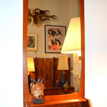 Charming Teak Wall Mirror w/ Double Shelf and Curved Edges