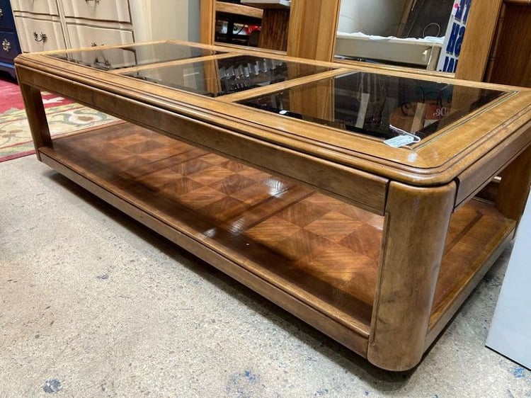 Mid century glass top coffee table 55.5” x24.5” x 16.25” Call 202-232-8171 to purchase