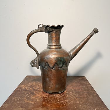 Early Copper Pitcher Pot with Thick Dovetailed - 1700s? - Handmade Antique Wrought Iron Metalware - Rare Rustic Decor - Articulating Handle 