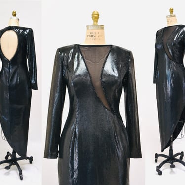 90s Vintage Black Stretch Sexy Party Dress Illusion Dress Size Medium// Black Body Con 90s Prom Dress Long Sleeve Sheer Dress Janine London 