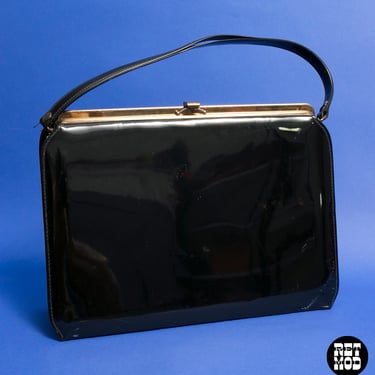 Chic Vintage 60s 70s Black Shiny Top Handle Handbag Purse 