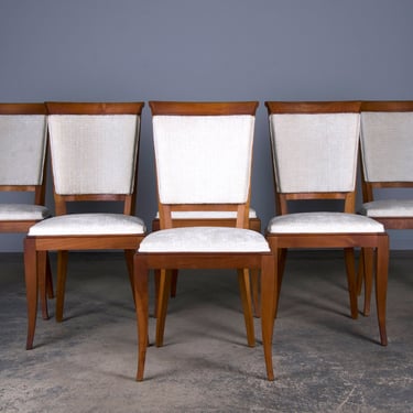 1930s French Art Deco Maple Dining Chairs W/ Off-White Chenille - Set of 6 