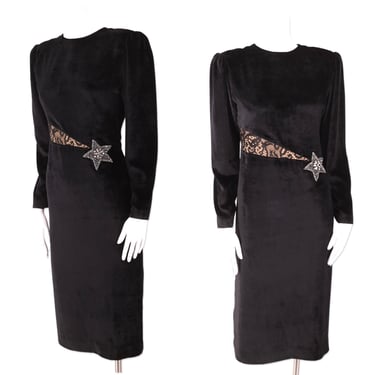 80s HANAE MORI vintage velvet dress 6 / black 1980s cocktail dress  / celestial print evening holiday dress designer Japan M 