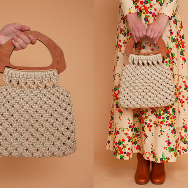 Vintage 70s Space Age Wooden Handle Woven Purse Bag Handbag 