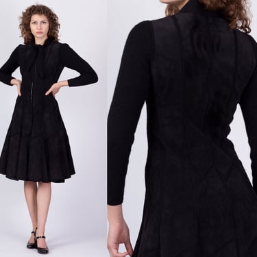 60s Marie Martine Black Patchwork Suede & Knit Dress, As Is - Small | Vintage Couture Long Sleeve Zip Up Knee Length Dress 