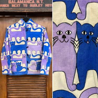 Vintage 1960’s Cartoon Mod Cat Design Pop Art Quilt Jacket, 60’s Vintage Clothing 