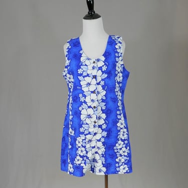 80s Hawaiian Blue and White Floral Romper - Hibiscus Flowers - First Hawaii Fashion - Made in Hawaii - Vintage 1980s - M L 