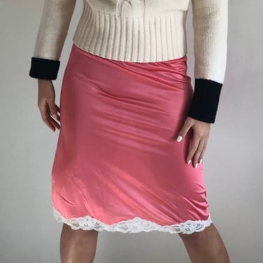 80s slip skirt / vintage grapefruit pink silky satin half slip skirt | Small 