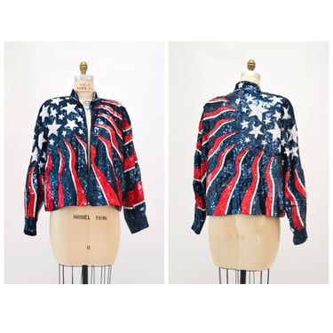 Vintage Sequin Jacket American Flag USA Large By Modi// Vintage Sequin Bomber Jacket Stars Stripes USA America Olympics Star Sequin Jacket 