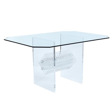 1980s Clear Acrylic Lucite Dining Table with Diamond Shaped Prism Center 