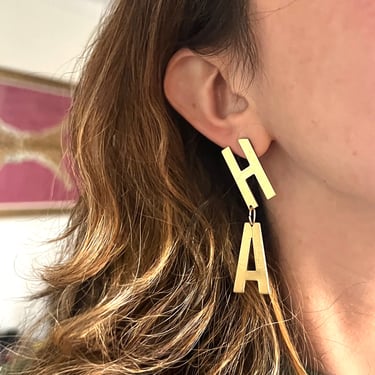 Ha HA Funny earrings cut out letter dangle statement earrings in brass handmade by Rachel Pfeffer 