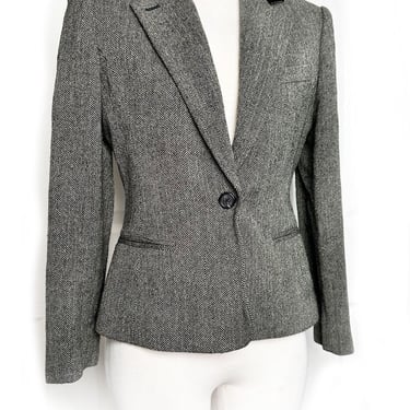Ralph Lauren Classic Fitted Tweed Riding Jacket Blazer, Velvet Collar, Traditional Vintage English Grey Wool Suit Coat Petite 