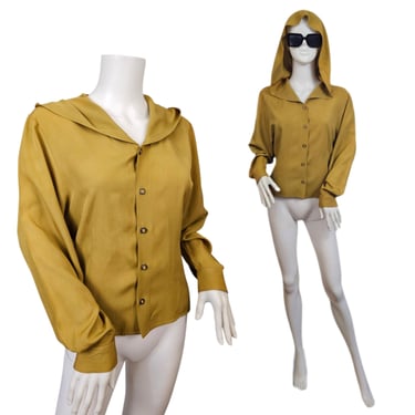Paul Et Duffer Yellow Green Rayon Hooded Button Down Blouse I  Shirt I Sz Med 