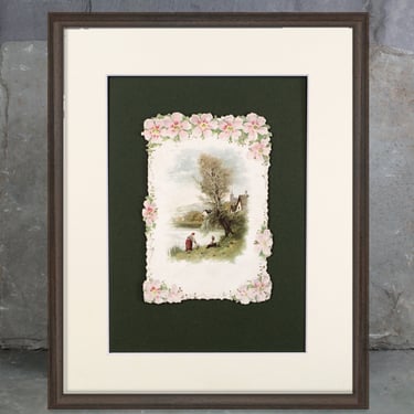 1900s Greeting Card Mounted and Matted | Pastoral Scene with Pink Flowers | Vintage Art | Fits in Standard 8x10 Frame | UNFRAMED 